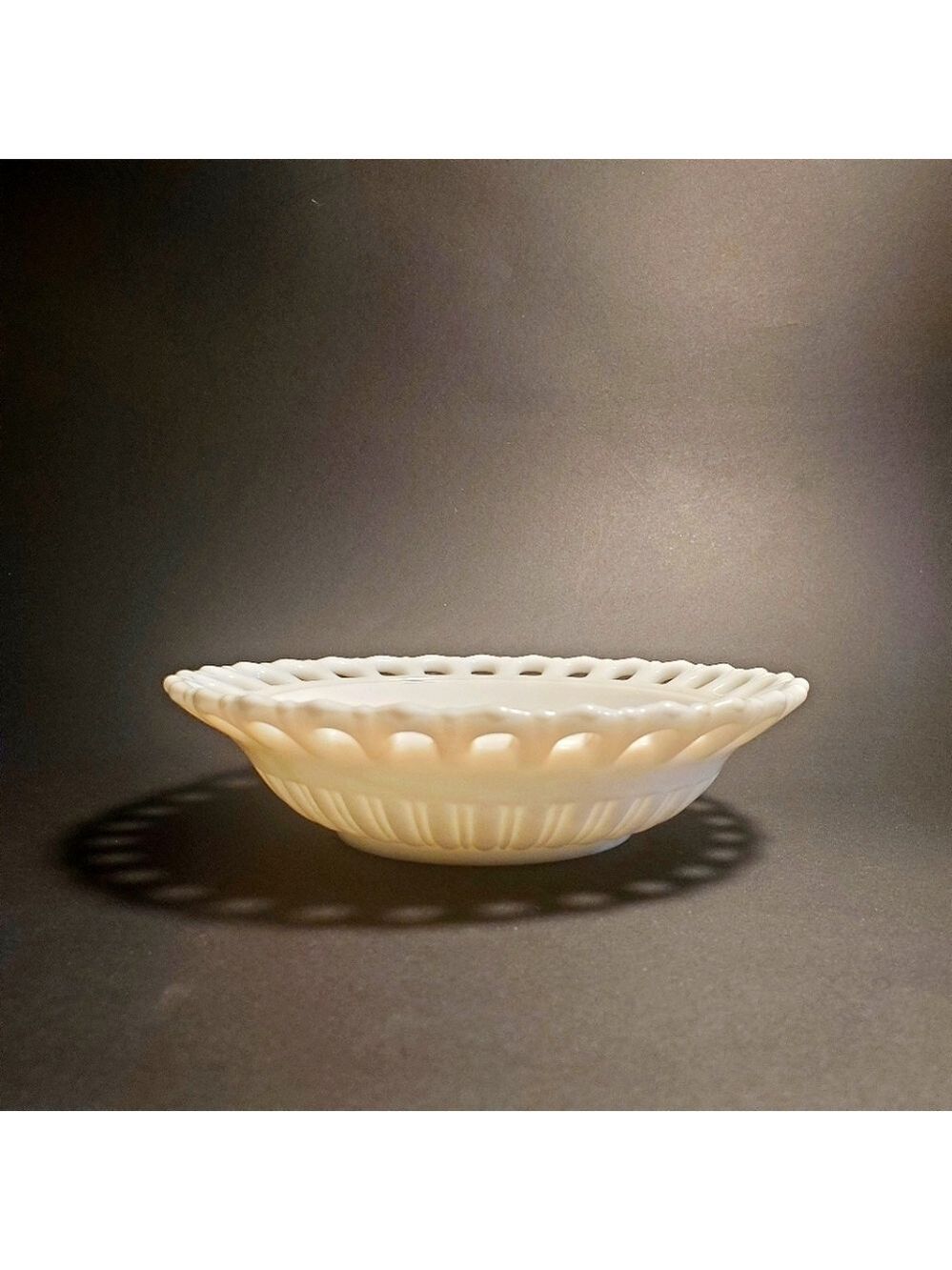 Vintage Fostoria Randolph Pattern Milk Glass Lace Edge Perforated Design Bowl
